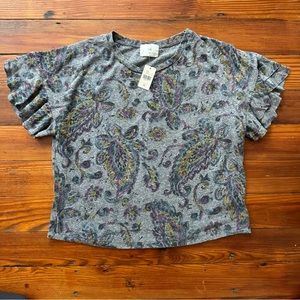 NWT t.LA Anthropologie ruffle sleeve paisley floral T-shirt XS